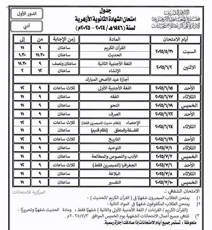 امتحان الشهادة الثانوية الأزهرية القسم الأدبي