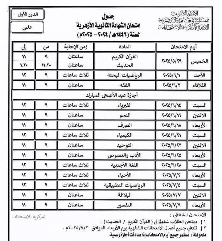 جدول امتحان الشهادة الثانوية الأزهرية القسم العلمي