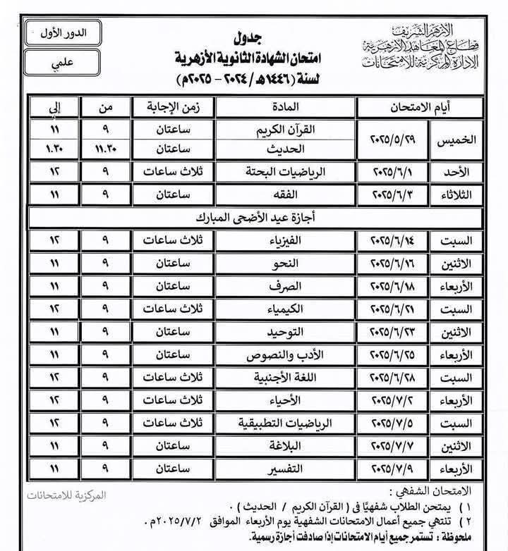 جدول امتحانات الشهادة الثانوية الأزهرية
