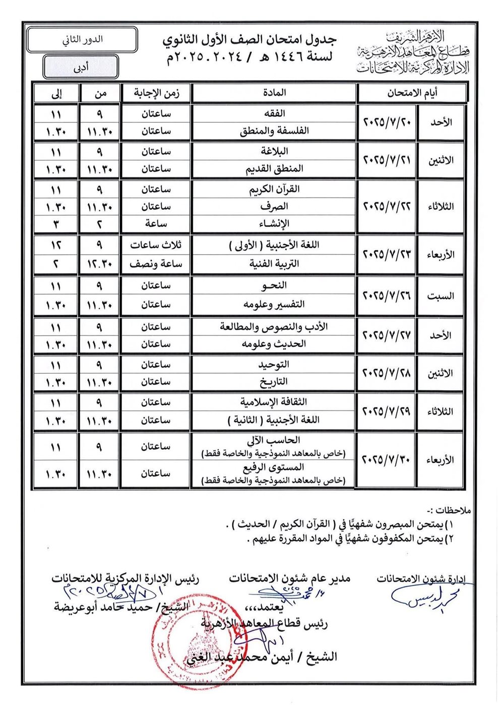 <strong>جدول امتحانات صفوف النقل للثانوية الأزهرية 2025 الدور الثاني</strong>