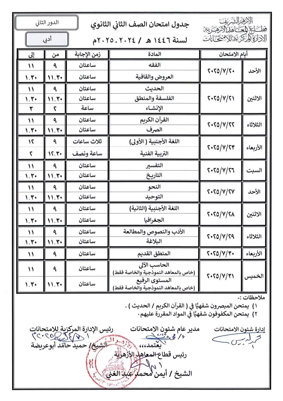 <strong>جدول امتحانات صفوف النقل للثانوية الأزهرية 2025 الدور الثاني</strong>