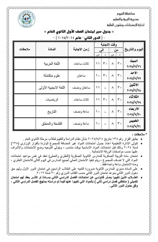 قبيصي إنهاء استعدادات تعليم الفيوم لانطلاق امتحانات النقل