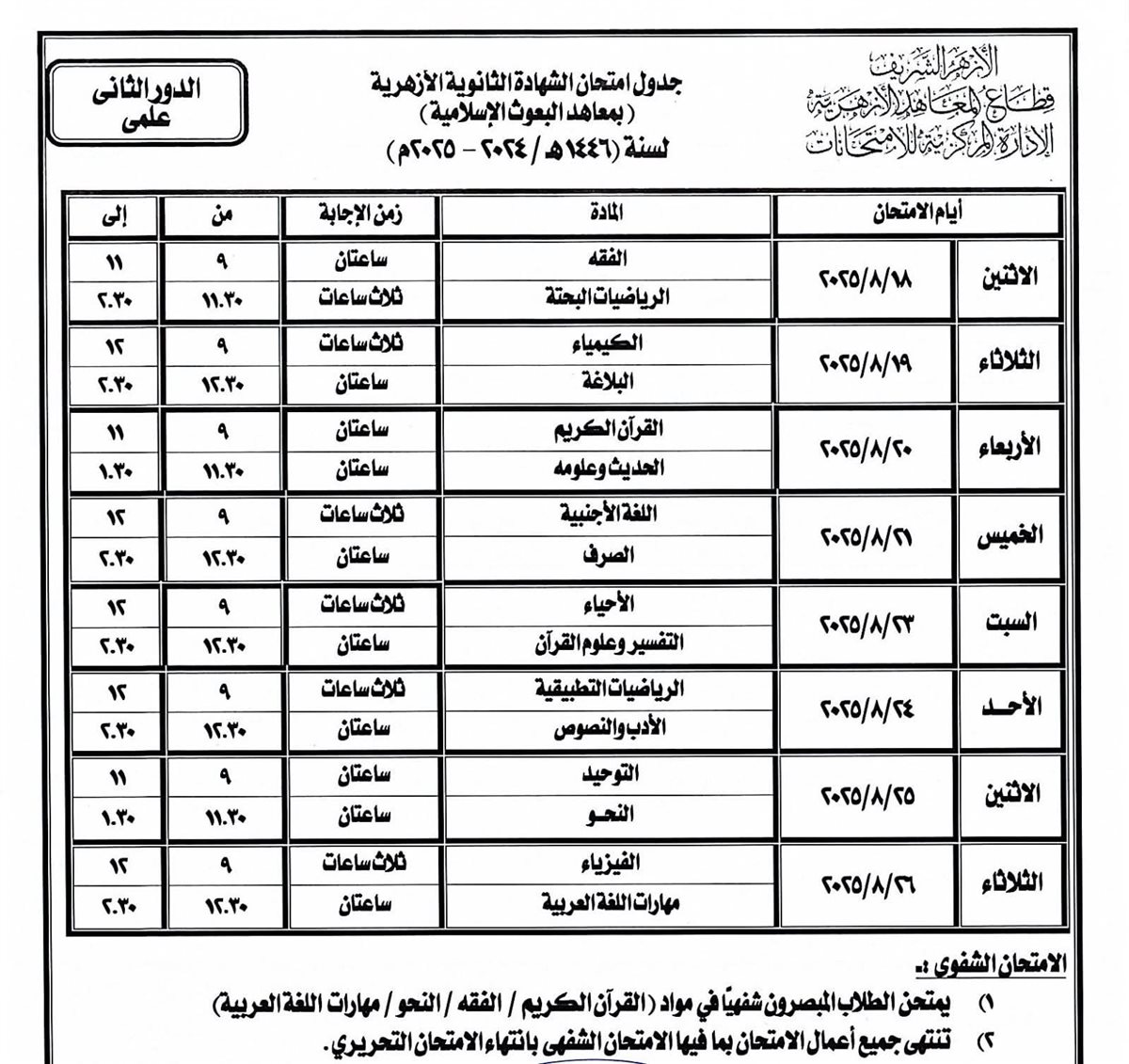 جدول امتحانات الدور الثاني للشهادة الثانوية الأزهرية