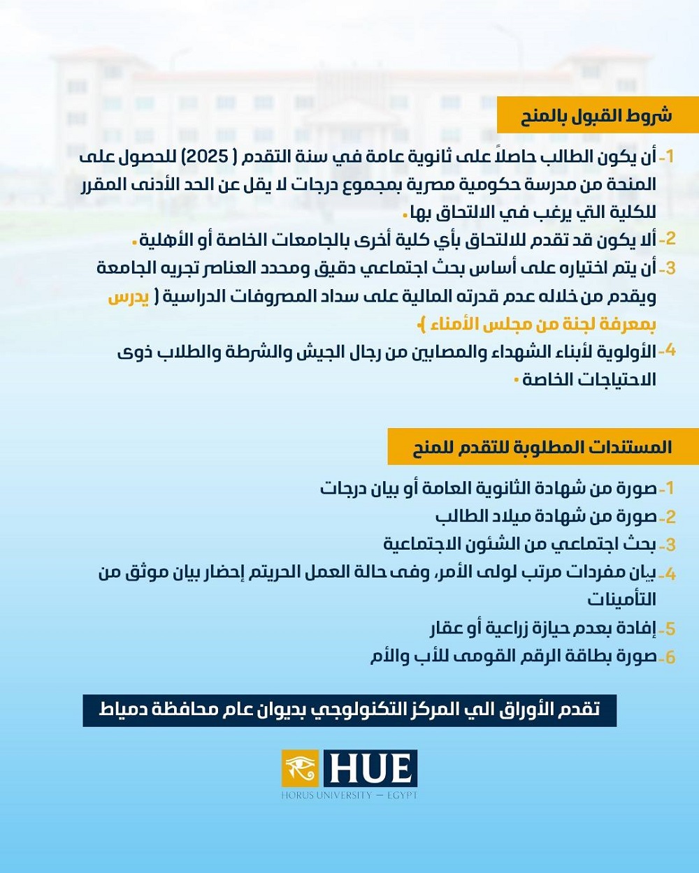 <strong>تفاصيل التقديم في منح جامعة حورس 2025</strong>