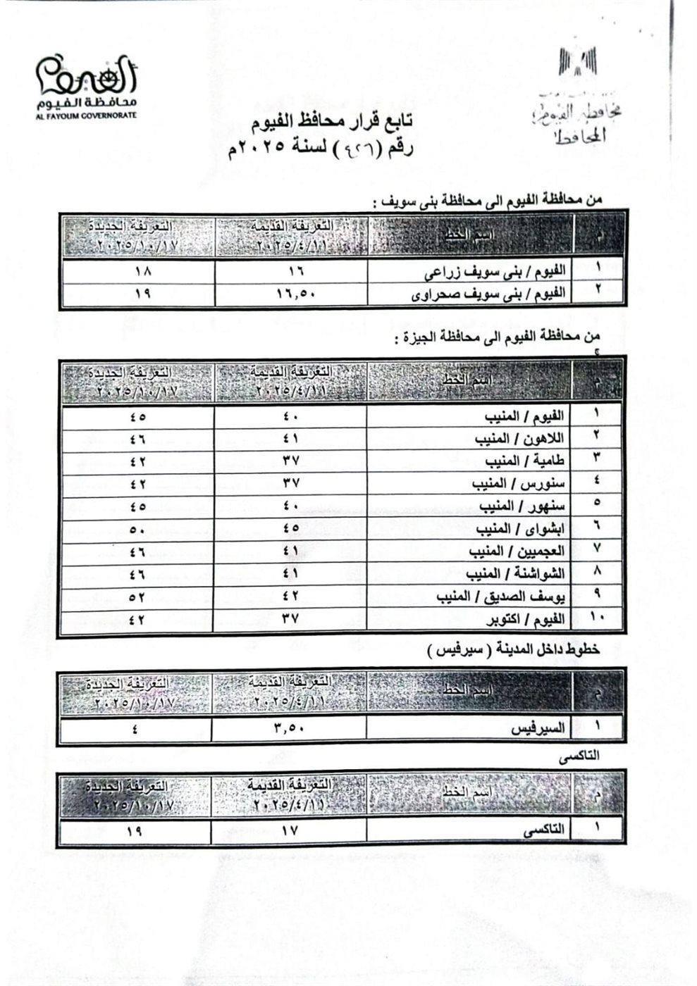 محافظ الفيوم: الإعلان عن تعريفة الركوب الجديدة لسيارات الأجرة والتاكسي
