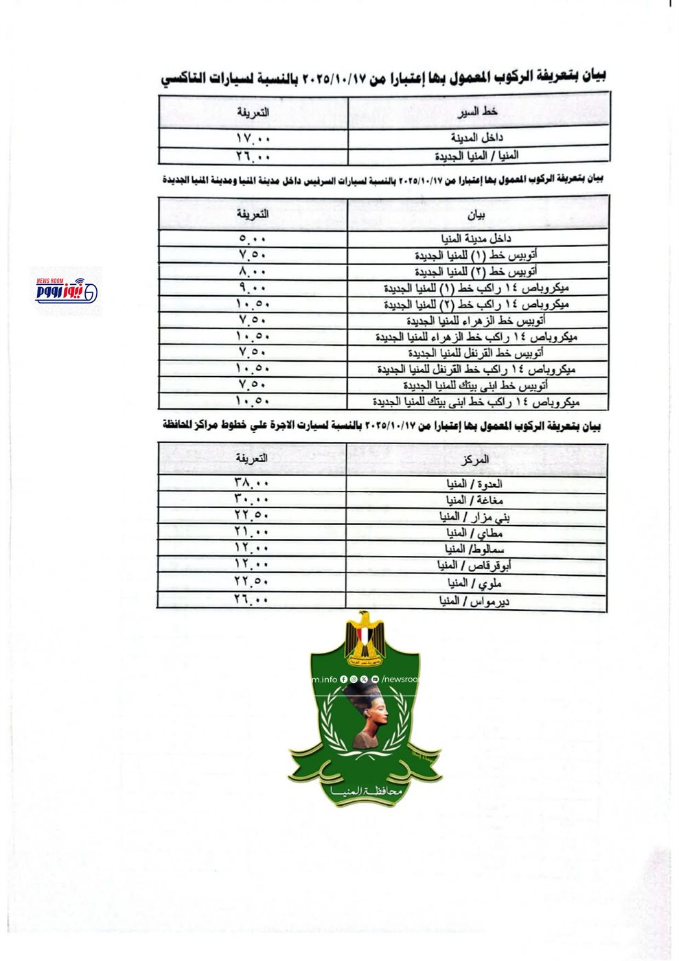 كشوف التعريفة الجديدة بالمنيا