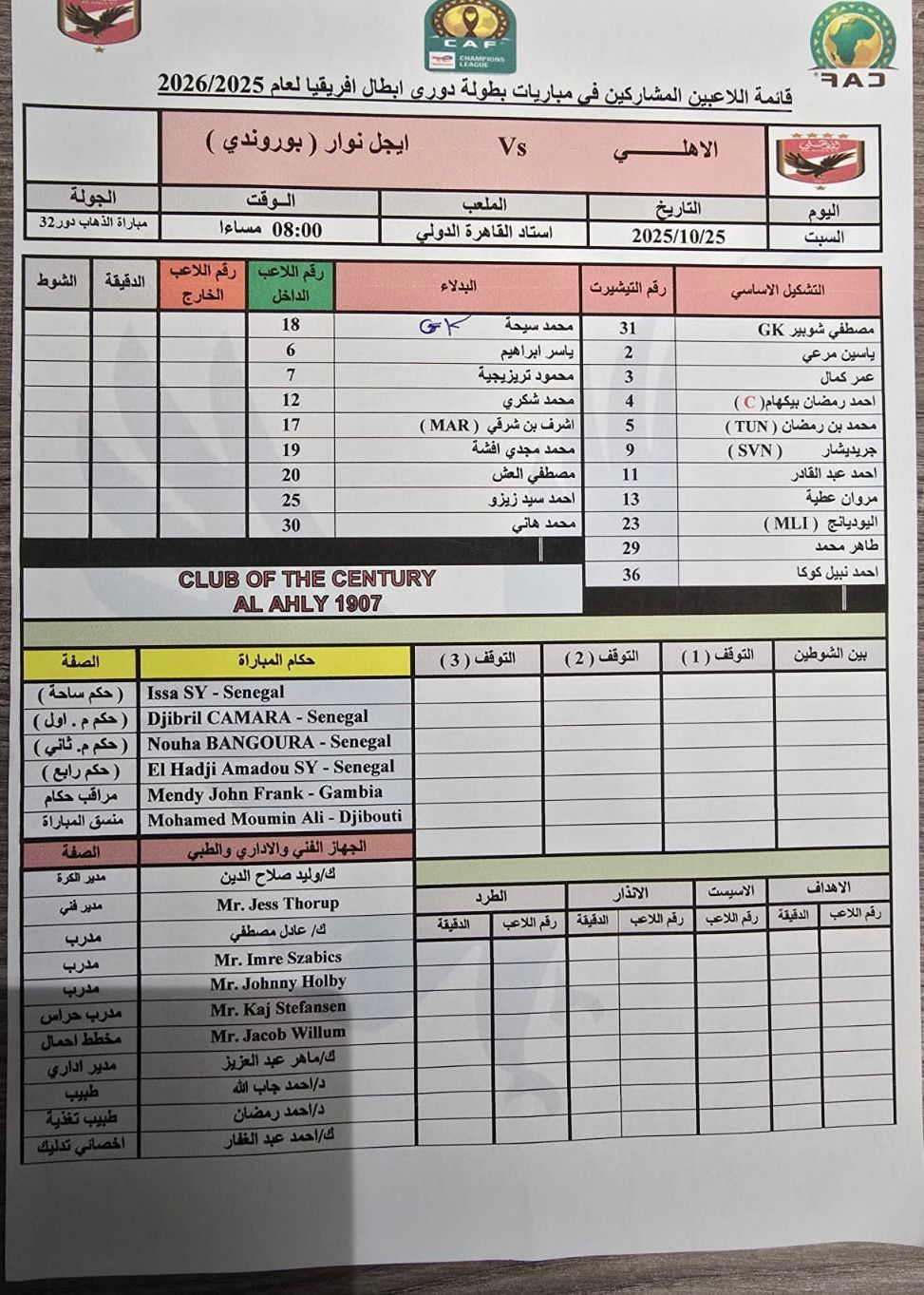 سكور شيت النادي الأهلي