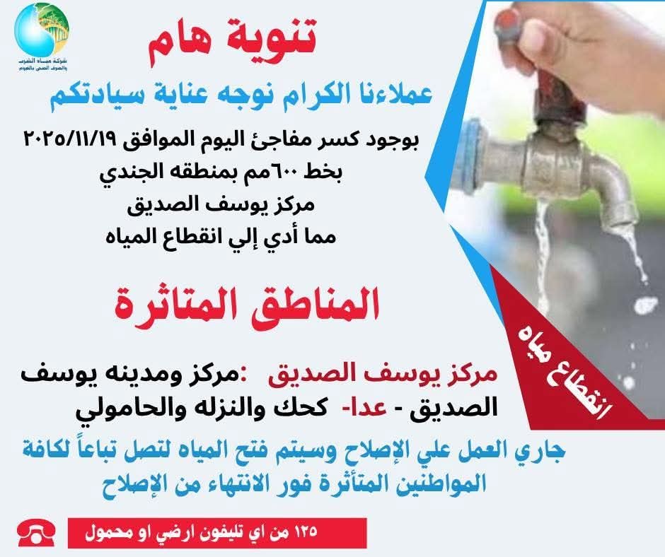 بسبب كسر مفاجى .. أنقطاع مياه الشرب عن عدة قرى بيوسف الصديق