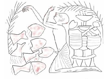 تكسير الاواني الحمراء من الفخار لطرد الشر والارواح الشريرة <br>منظر من مقبرة الملك حورمحب بسقارة