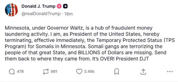 <strong>ترامب ينهي الحماية القانونية للمهاجرين الصوماليين في ولاية مينيسوتا</strong>