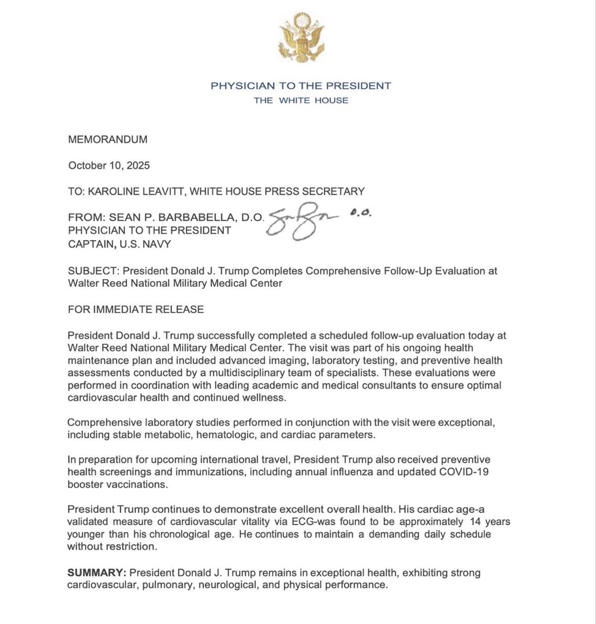 تقرير طبيب البيت الأبيض عن الحالة الصحية لترامب