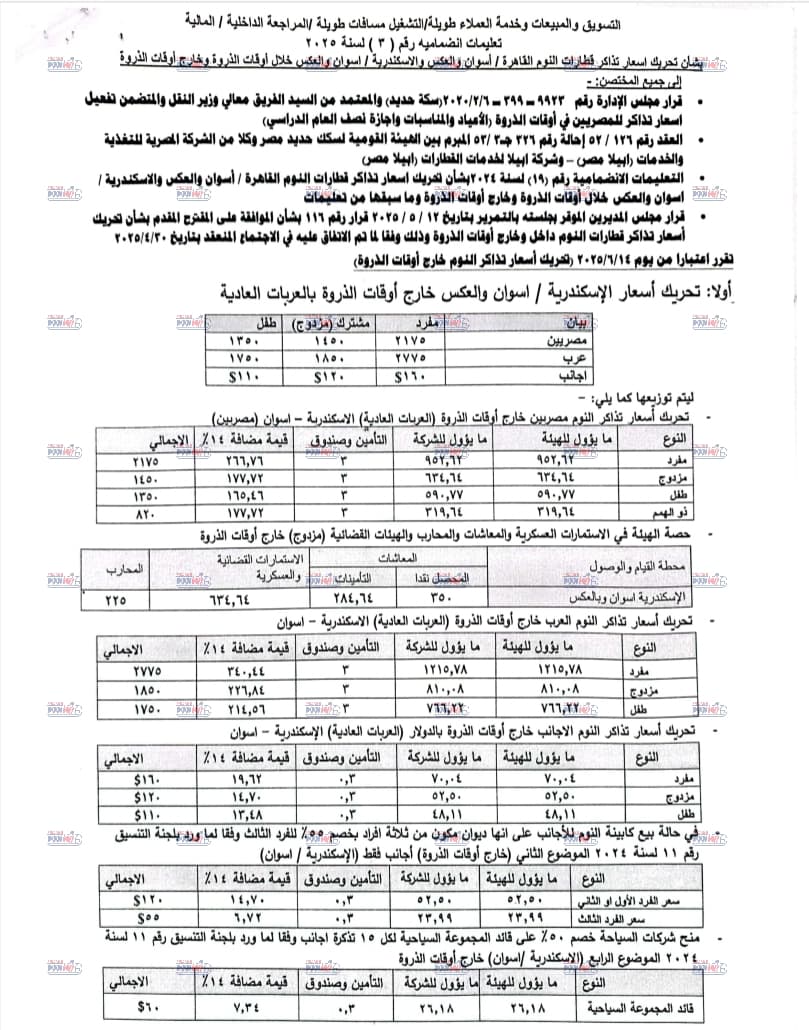 أسعار تذاكر قطار النوم
