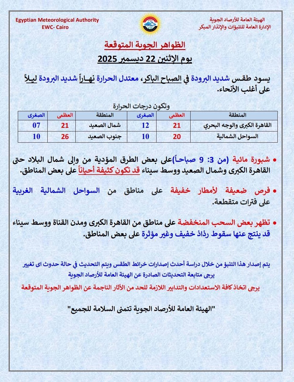 <strong>الظواهر الجوية المتوقعة غدا وفرص سقوط الأمطار</strong>