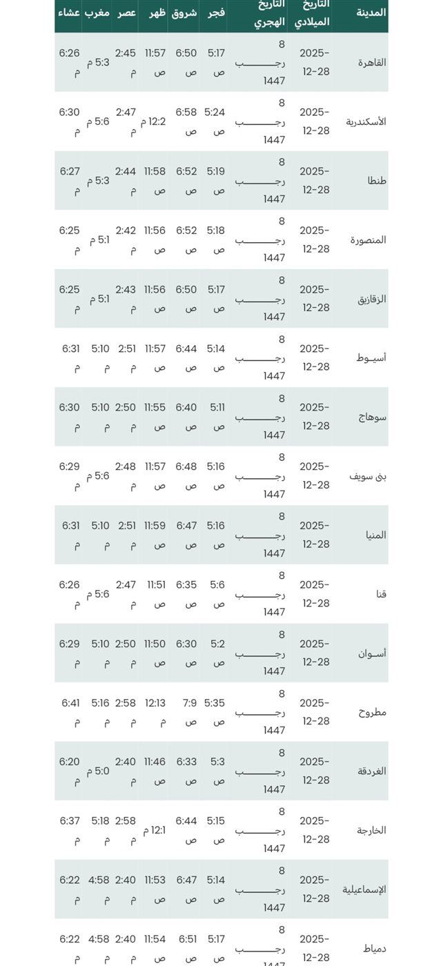 مواقيت الصلاة اليوم الأحد