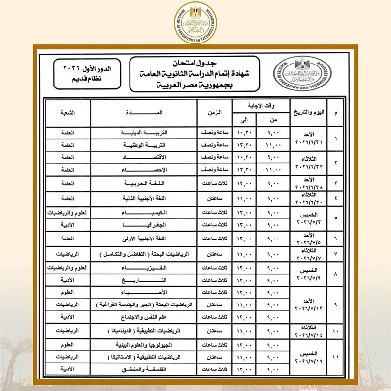 جدول امتحانات الثانوية العامة 2026 النظام&nbsp;القديم&nbsp;