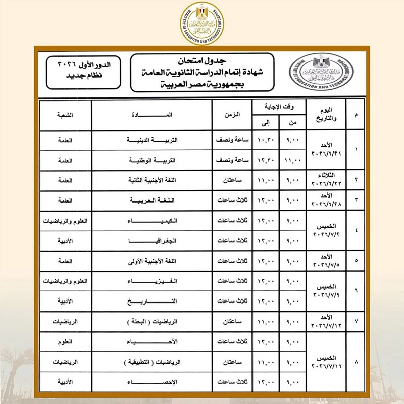 جدول امتحانات الثانوية العامة 2026 النظام&nbsp;الجديد