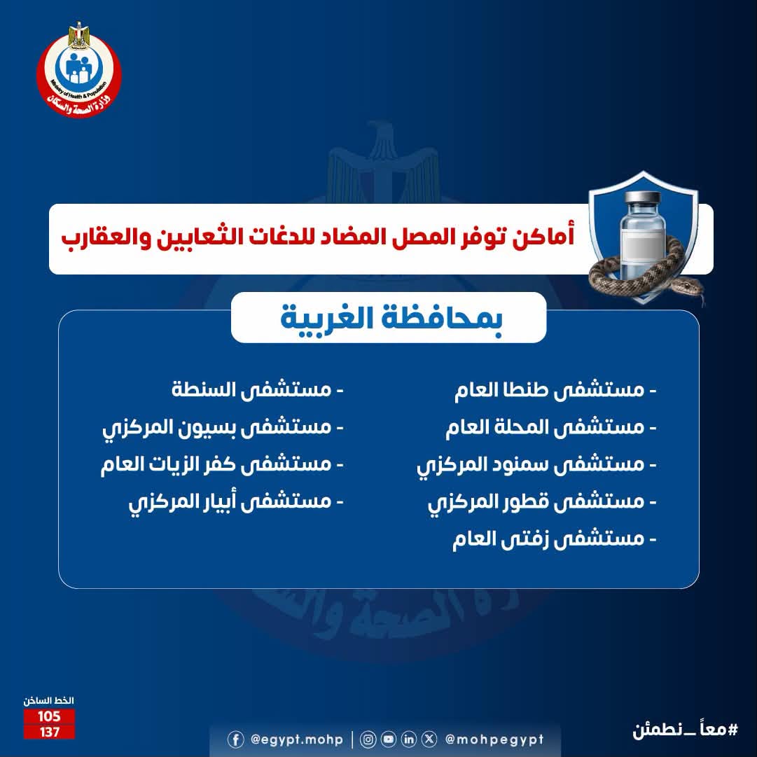أماكن توافر مصل الثعابين والعقارب في الغربية