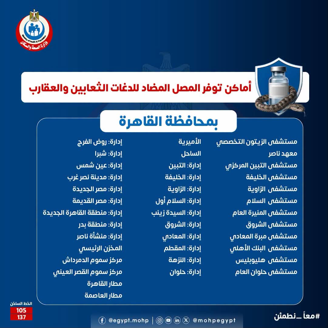 أماكن توافر مصل الثعابين والعقارب في القاهرة