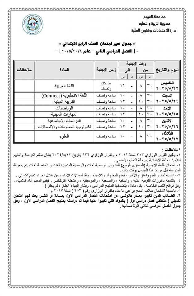 جدول امتحانات الصفين الرابع والخامس الابتدائي بالفصل الدراسي الثاني 2025 بمحافظة الفيوم