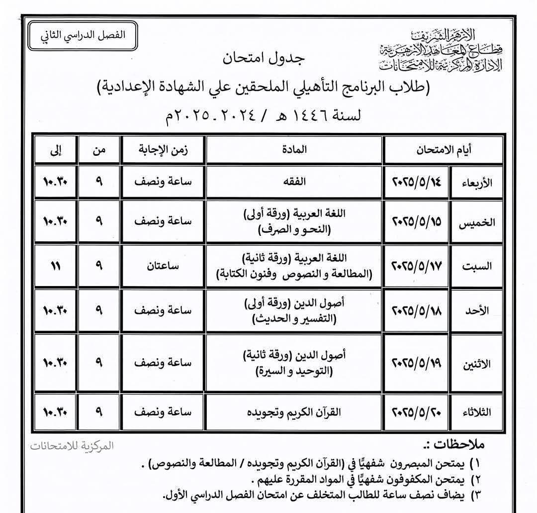 جدول امتحانات الشهادة الاعدادية الأزهرية