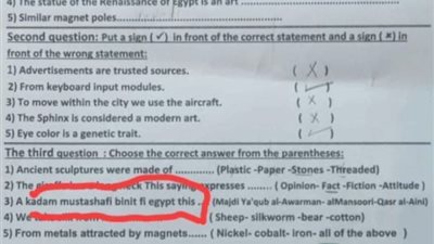 سؤال بالفرانكو في امتحان إنجليزي 3 ابتدائي بالبحيرة وأولياء الأمور: تطوير