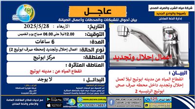 انقطاع المياه عن مدينة أبوتيج لمدة 6 ساعات ليلا لإعمال إحلال وتجديد 