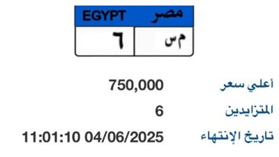 منافسة قوية بين 6 أشخاص على لوحة سيارات مميزة بـ750 ألف جنيه