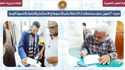 صرف 20 مليون جنيه مستحقات لـ 45 عاملًا بشركة سوهاج للاستثمار والتنمية بالتسوية