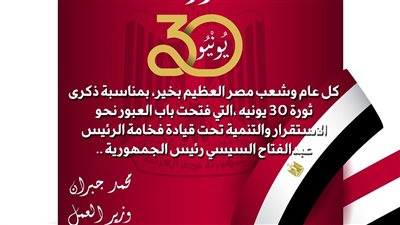 وزير العمل يهنئ الشعب المصري بمناسبة ذكرى ثورة 30 يونيو
