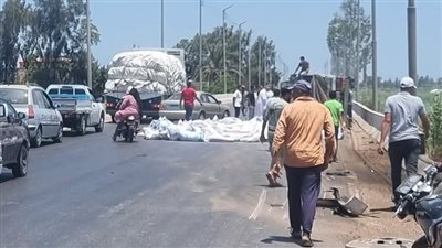 العجلتين اللى قدام فكوا.. إنقلاب سيارة نقل أعلاف على طريق جمصة - المنصورة