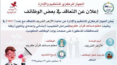 التنظيم والإدارة يُعلن عن مسابقة للتعاقد مع 7576 في وظيفة معلم مساعد قرآن كريم