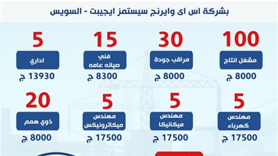 وزارة العمل: 285 فرصة عمل جديدة بشركة «إس آي وايرنج سيستمز إيچبت» بالسويس