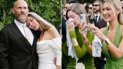 بأقدام حافية.. جيجي وبيلا حديد تتألقان في حفل زفاف شقيقتهما