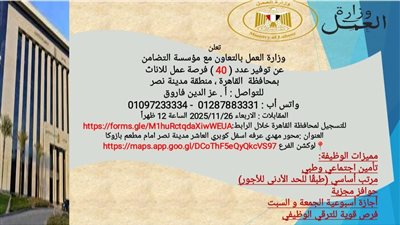 وزارة العمل توفر 40 فرصة عمل للسيدات بمدينة نصر بالتعاون مع مؤسسة التضامن