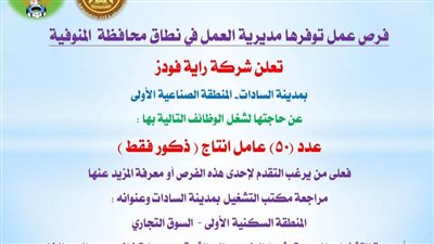 بتعليمات من الوزير.. عمل المنوفية توفر 265 فرصة عمل بنطاق المحافظة| تفاصيل
