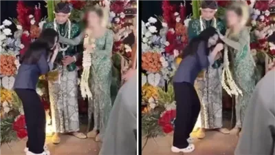 في لقطة غريبة.. صراع بين عروس وحبيبة زوجها السابقة في حفل زفاف