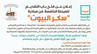 حياة كريمة والمكتب الباباوي للمشروعات يفتتحان باب التقديم في مبادرة سكر البيوت