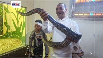 زوارحديقة حيوان الفيوم يتصارعون على التقاط الصورالتذكارية مع ثعبان الأناكوندا 
