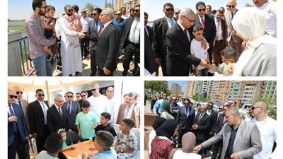 وزع عليهم شيكولاتة وهنأهم بالعيد .. محافظ بنى سويف مع المواطنين بالممشى النيلى