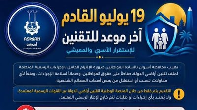أسوان: 19 يوليو آخر موعد لتلقى طلبات التقنين على أراضى أملاك الدولة
