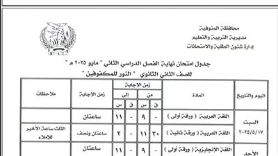 ننشر جداول امتحانات الفصل الدراسي الثاني 2025 للمرحلة الثانوية للصم والبكم