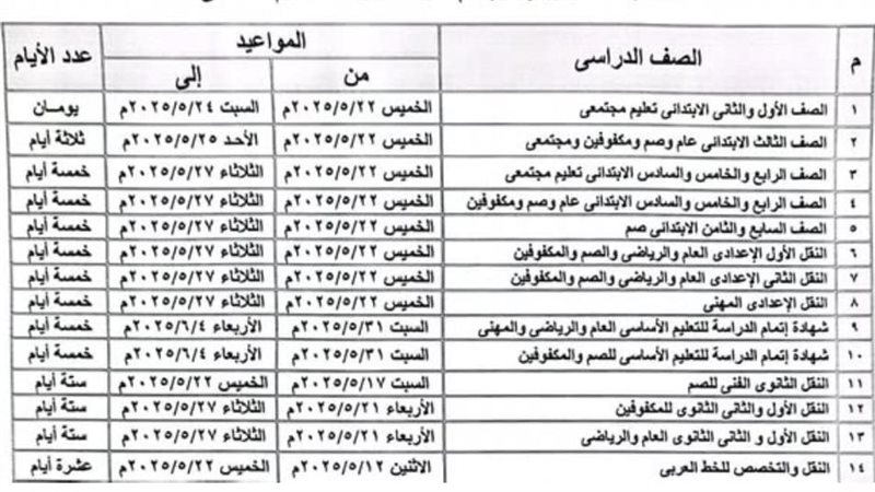 جدول امتحانات النقل